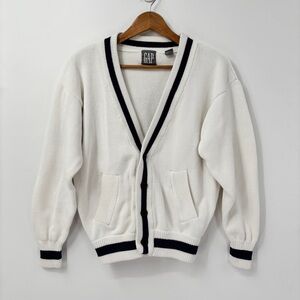 Vintage GAP Cardigan Sweater Women S Varsity Nautical Coastal Preppy White Navy
